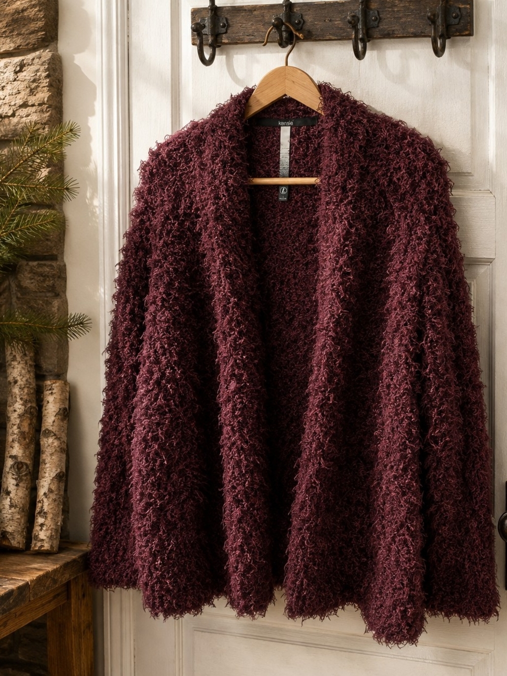 Kensie Burgundy Eyelash Fuzzy Open Front Cardigan Sweater Size L